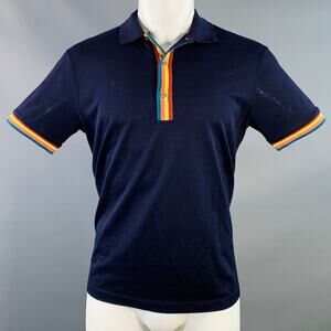 PAUL SMITH Size M Navy Multi Color Striped Trim Cotton Buttoned Polo